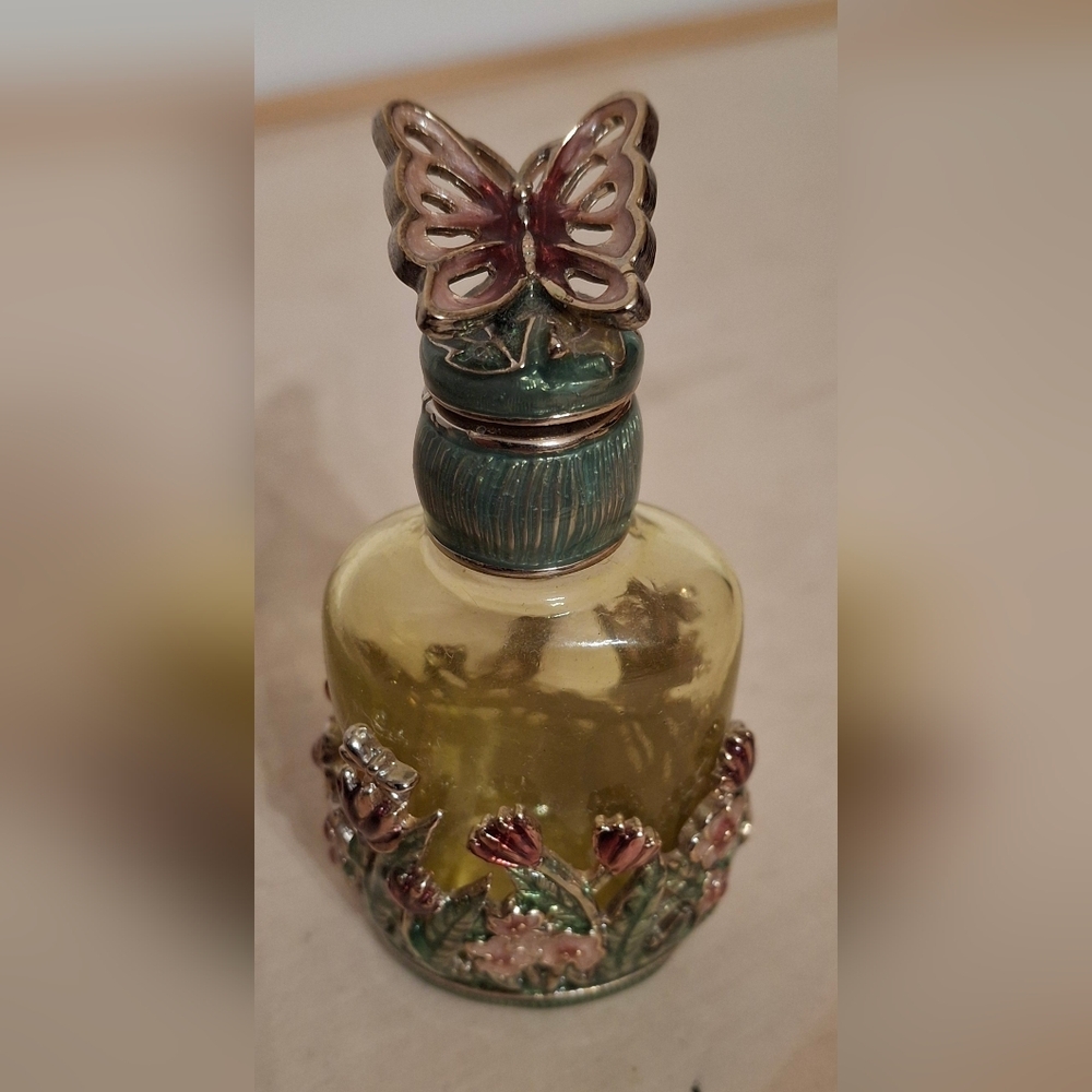 Vintage 1980s Monet glass perfume bottle, butterfly and flower detailed enamel